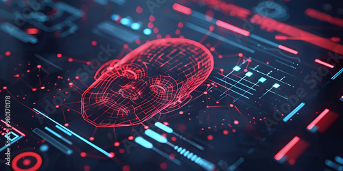 Digital Wireframe Face on Futuristic Interface, AI and Biometrics Technology Display