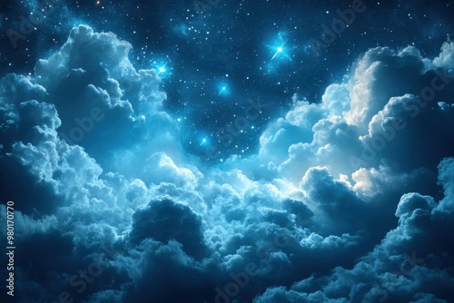 A Night Sky Filled with Fluffy Clouds and Bright Stars