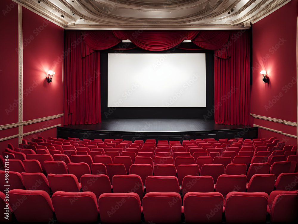 Fototapeta premium Theater hall with red seat and wide blank white screen