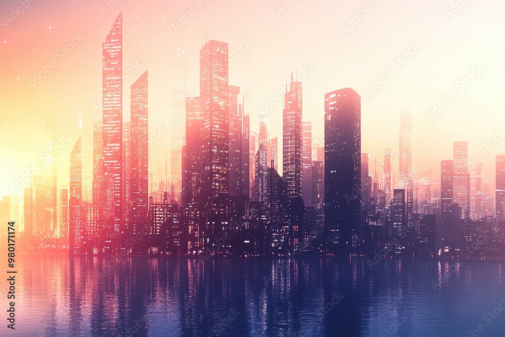 Cityscape at Sunset with Reflections in Water Cityscape at Sunset with Reflections in Water