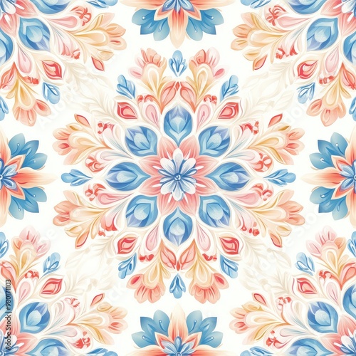 Vibrant floral pattern featuring delicate petals in blue and peach hues, perfect for textile or wallpaper designs.