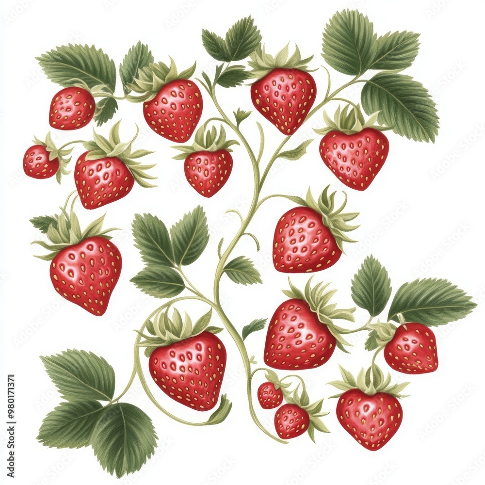 Vibrant illustration of ripe strawberries on a green vine, showcasing their bright red color and lush leaves. Vibrant illustration of ripe strawberries on a green vine, showcasing their bright red color and lush leaves.