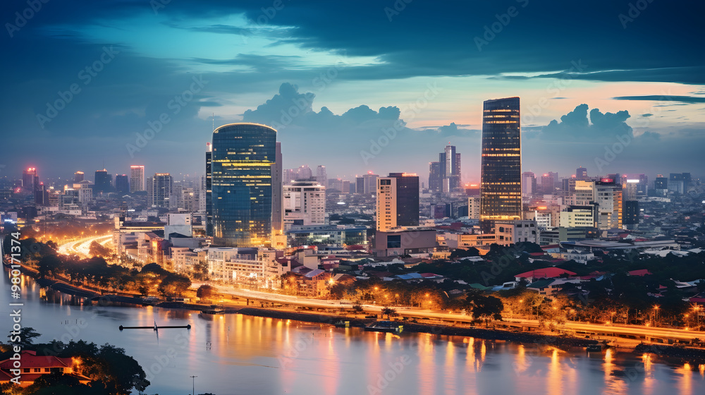 Obraz premium Gleaming Dusk View of Hanoi City Skyline Vibrant Architectural Marvels & Bustling Streets