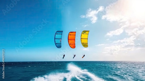 Vibrant kites soar above a sparkling ocean, showcasing the thrill of kite surfing against a clear blue sky.
