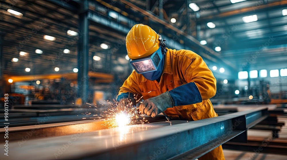 Welder working in a bright industrial workshop, focusing on metal fabrication with sparks flying in an engaging atmosphere. Welder working in a bright industrial workshop, focusing on metal fabrication with sparks flying in an engaging atmosphere.