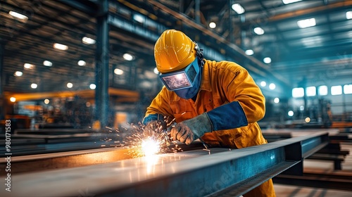 Welder working in a bright industrial workshop, focusing on metal fabrication with sparks flying in an engaging atmosphere.