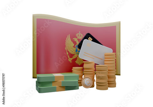 3D render illustration of Montenegro flag and currency called Euro photo