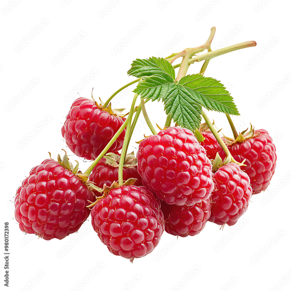 Fresh and juicy raspberry cluster with green leaves, ideal for healthy recipes, desserts, and vibrant food photography. Fresh and juicy raspberry cluster with green leaves, ideal for healthy recipes, desserts, and vibrant food photography.