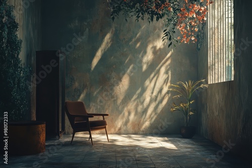 Sunlit Room with Chair, Plant, and Window