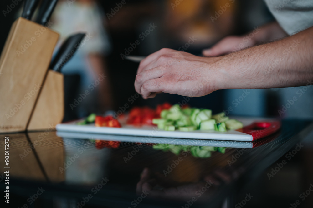 A detailed view of hands slicing fresh vegetables on a cutting board, capturing an intimate moment in the cooking process within a modern kitchen environment.