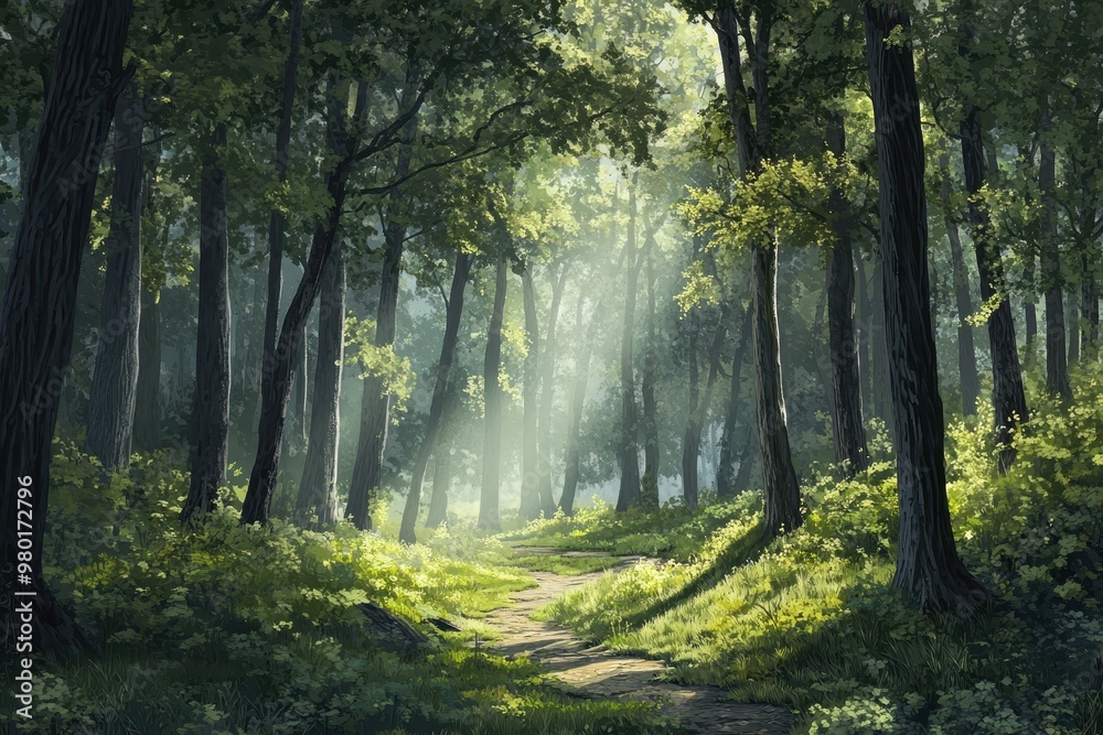 Sunbeams Illuminating a Forest Path Sunbeams Illuminating a Forest Path