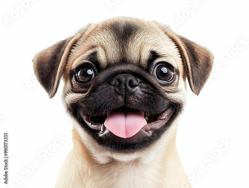 Happy pug dog with a joyful expression, showcasing its adorable features and playful personality on a white background.