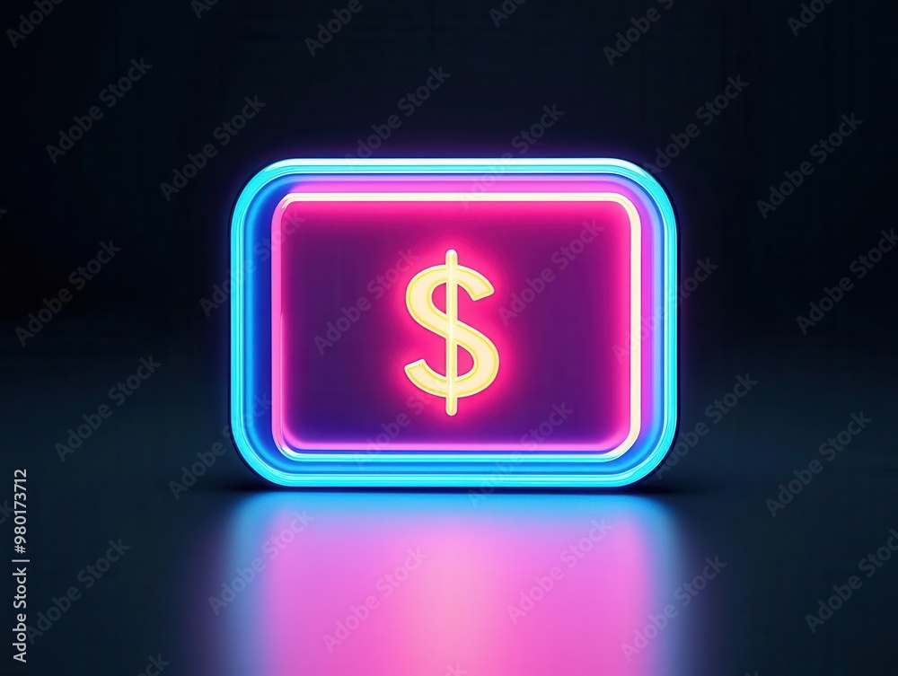 Neon wallet icon glowing with money transfer symbols, promoting fast and secure online payments Neon wallet icon glowing with money transfer symbols, promoting fast and secure online payments