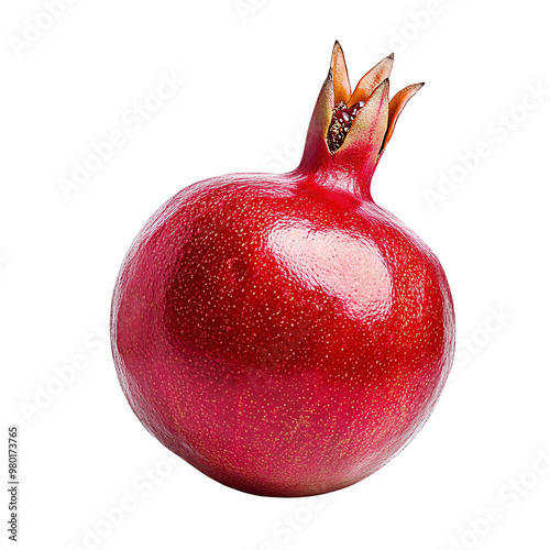 A vibrant, fresh pomegranate showcasing its rich red color and glossy texture, perfect for culinary or health-related imagery. photo