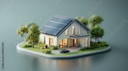 A miniature model of a modern home with solar panels, surrounded by greenery, symbolizing sustainable living and energy efficiency.