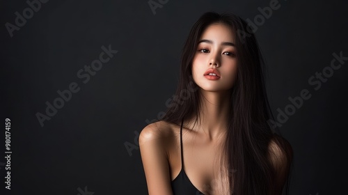 A captivating portrait of a woman with long hair against a dark background, showcasing elegance and beauty in simplicity.