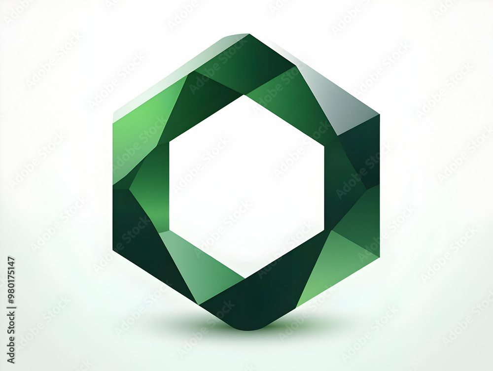 A modern, geometric design featuring a green hexagon with a sleek, faceted appearance on a light background. A modern, geometric design featuring a green hexagon with a sleek, faceted appearance on a light background.