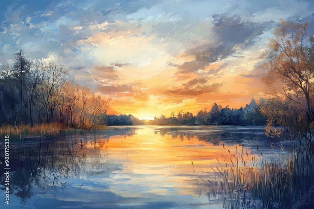 Sunset Over a Serene Lake With Silhouetted Trees Sunset Over a Serene Lake With Silhouetted Trees
