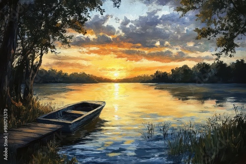 A Lone Boat Moored at a Lake's Edge with a Golden Sunset