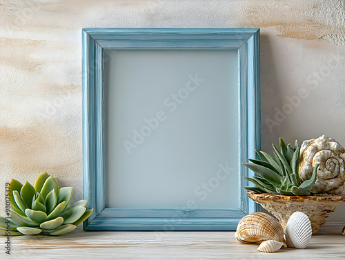 A coastal-themed photo display with a blue frame, succulents, and seashells, perfect for beach-inspired decor. photo