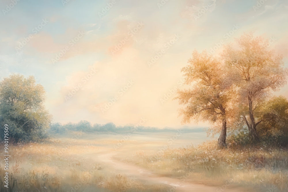 A winding dirt path through a field of tall grass and trees under a soft blue sky A winding dirt path through a field of tall grass and trees under a soft blue sky
