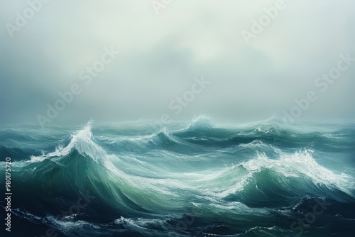 A Stormy Sea With Crashing Waves Under a Foggy Sky