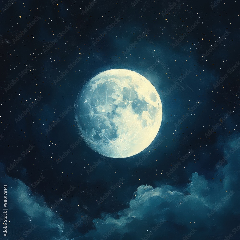 Starry Night Sky with Glowing Full Moon Center Stage Starry Night Sky with Glowing Full Moon Center Stage