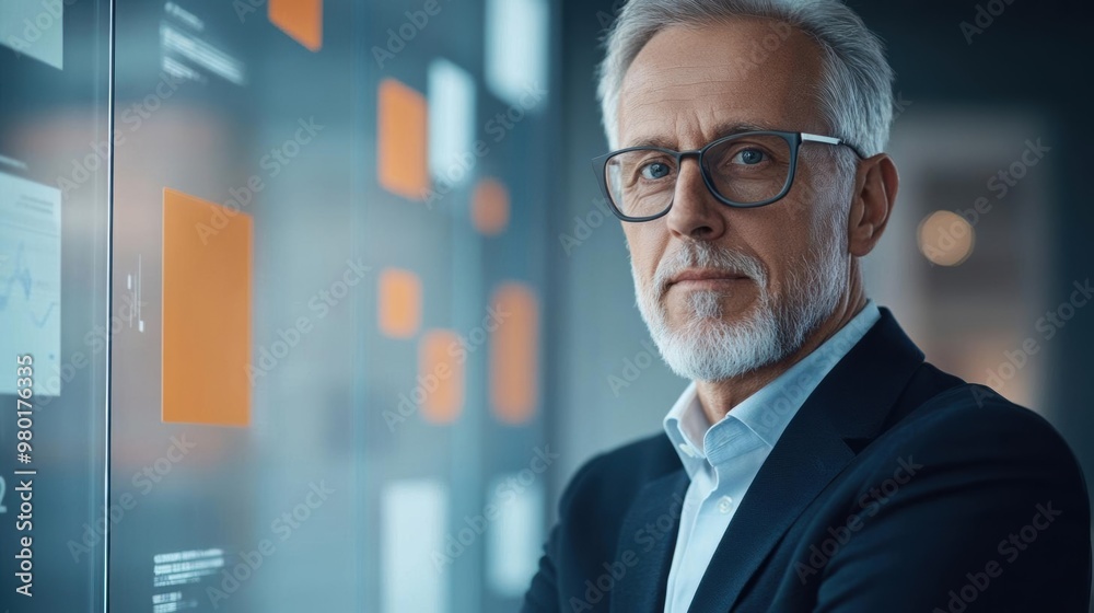 Confident senior businessman in modern office with digital interfaces and data displays, reflecting technology and leadership. Confident senior businessman in modern office with digital interfaces and data displays, reflecting technology and leadership.