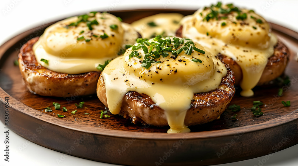 Delicious eggs benedict served on a wooden plate, drizzled with rich hollandaise sauce and garnished with fresh herbs. Delicious eggs benedict served on a wooden plate, drizzled with rich hollandaise sauce and garnished with fresh herbs.