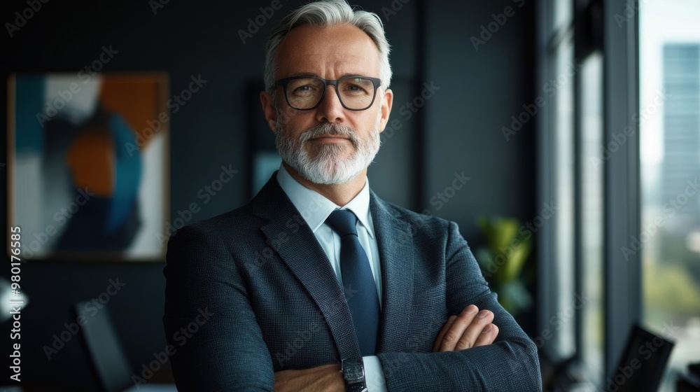 Fototapeta premium Confident senior business professional in formal attire standing in modern office with folded arms, looking at camera.
