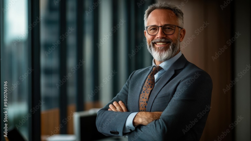 Fototapeta premium Confident senior businessman with gray beard and glasses in modern office, represents professional leadership and successful career.