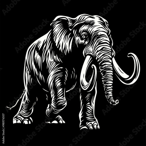 A detailed line art illustration of an elephant with tusks on a black background. photo