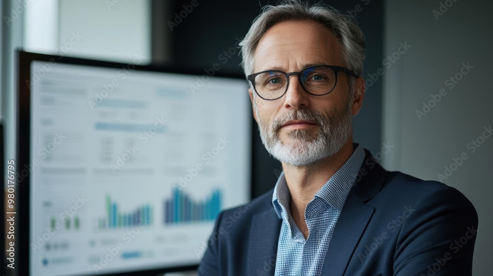 Confident senior businessman with glasses stands in office setting with financial graphs on a computer screen in the background. Confident senior businessman with glasses stands in office setting with financial graphs on a computer screen in the background.