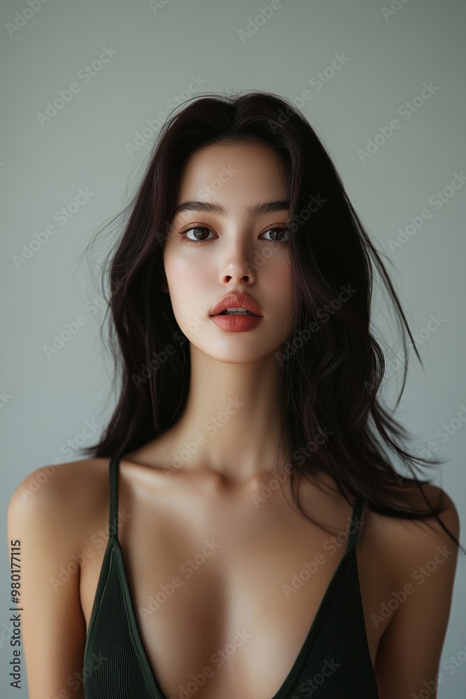 A striking portrait of a woman with elegant features and beautiful hair, showcasing natural beauty and confidence against a soft background. A striking portrait of a woman with elegant features and beautiful hair, showcasing natural beauty and confidence against a soft background.