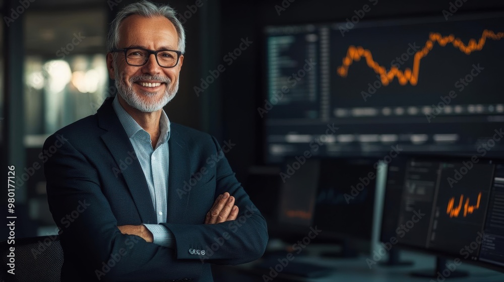 Confident businessman in office with crossed arms, charts on screens in background, represents financial analysis and stock market success. Confident businessman in office with crossed arms, charts on screens in background, represents financial analysis and stock market success.