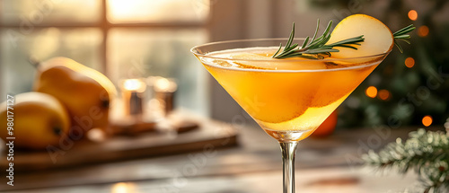 A refreshing cocktail with a touch of rosemary, served in a elegant glass against a cozy background featuring fruits. photo