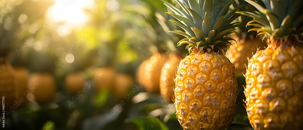 Vibrant pineapples growing in a sunlit garden, showcasing tropical fruits in their lush, natural environment. Vibrant pineapples growing in a sunlit garden, showcasing tropical fruits in their lush, natural environment.
