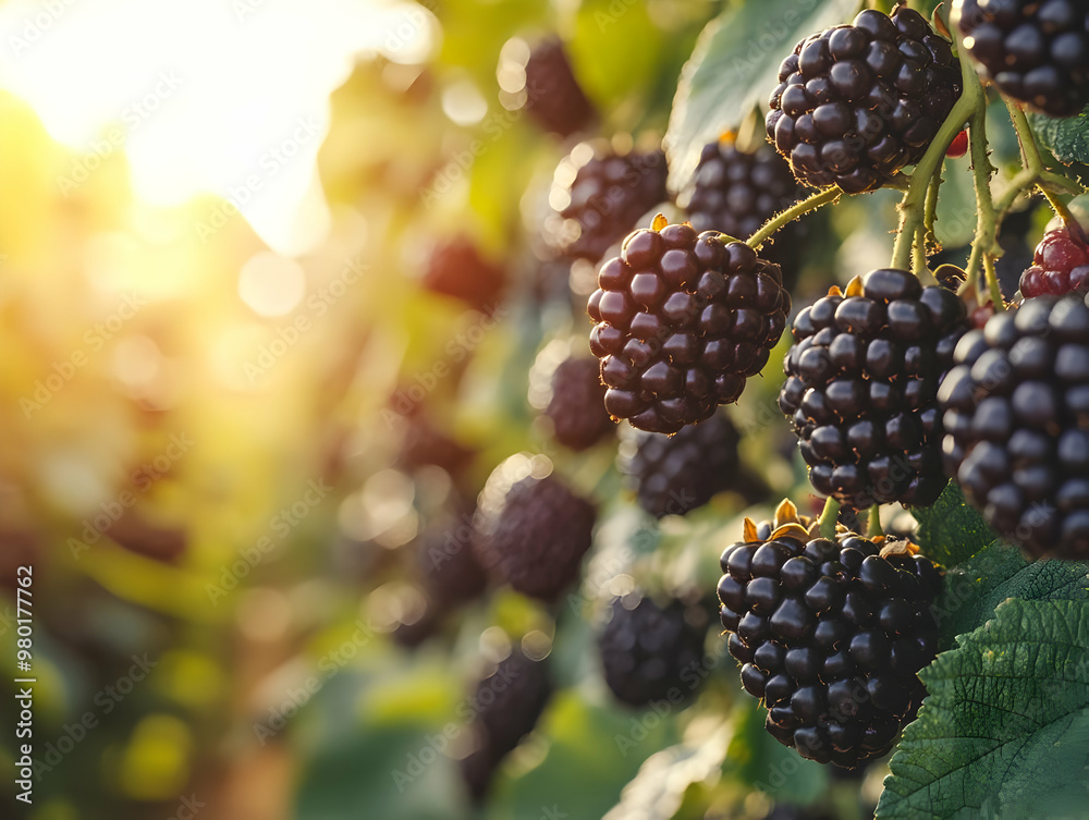 Close-up of ripe blackberries on a vine, illuminated by warm sunlight, showcasing nature's beauty and vibrant colors. Close-up of ripe blackberries on a vine, illuminated by warm sunlight, showcasing nature's beauty and vibrant colors.