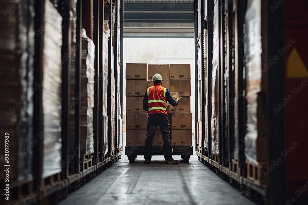 Obraz premium A warehouse employee loads a series of parcels into a delivery vehicle, highlighting efficient logistics during peak e-commerce season