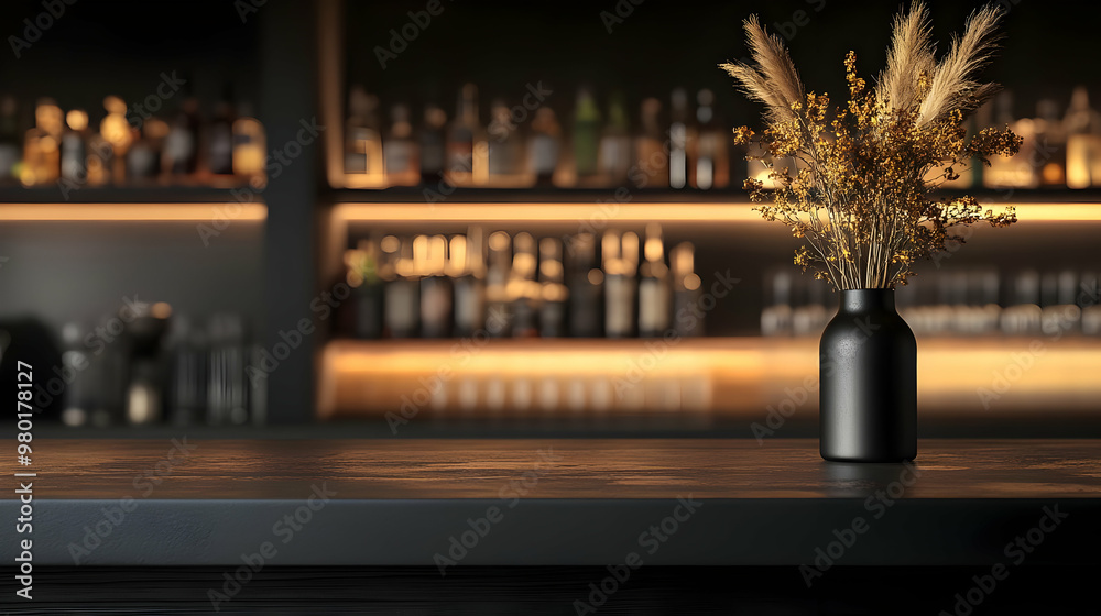 A stylish bar setting featuring a simple black vase with dried plants, creating an elegant and modern atmosphere. A stylish bar setting featuring a simple black vase with dried plants, creating an elegant and modern atmosphere.