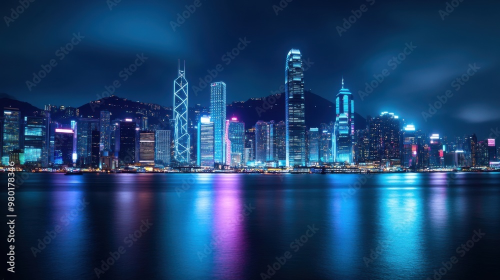 Fototapeta premium Neon Skyline Reflections of a Modern City at Night with Vibrant Lights Over Calm Water