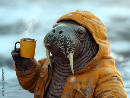 A whimsical walrus wearing a yellow jacket, enjoying a hot beverage by the water. Perfect for playful and creative projects. photo