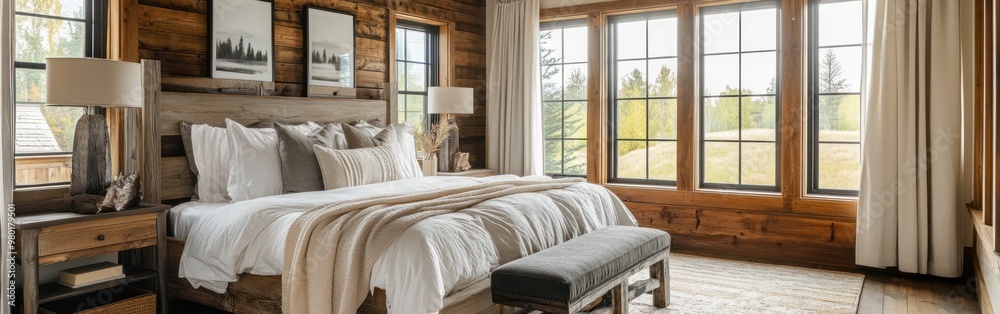 Cozy rustic bedroom with large windows and natural light. Cozy rustic bedroom with large windows and natural light.