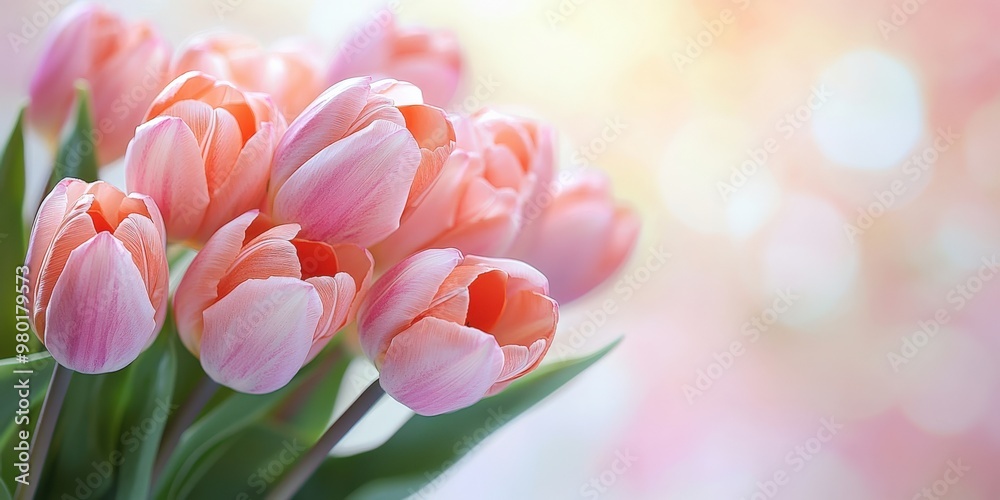 Soft Pastel Tulips with Gentle Pink and Peach Hues in Bokeh Background Soft Pastel Tulips with Gentle Pink and Peach Hues in Bokeh Background