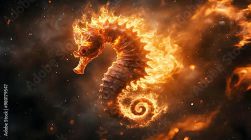 A stunning, fiery seahorse illustration, portraying beauty and mystique in a vibrant, captivating oceanic scene. photo
