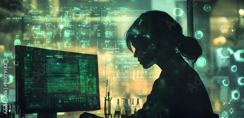 Silhouette of a woman working with digital data on a computer, symbolizing technology, innovation, and modern computing. photo