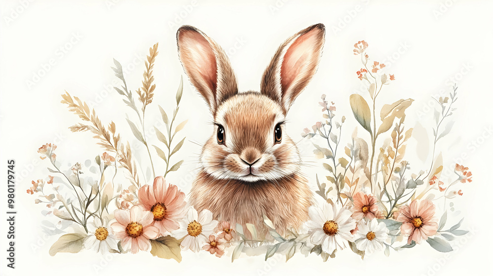 Charming rabbit illustration surrounded by delicate flowers, perfect for spring-themed projects and creative designs. Charming rabbit illustration surrounded by delicate flowers, perfect for spring-themed projects and creative designs.