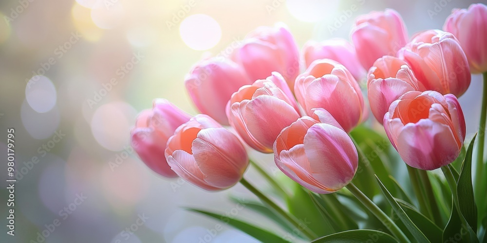 Obraz premium Soft Pastel Tulips with Gentle Pink and Peach Hues in Bokeh Background