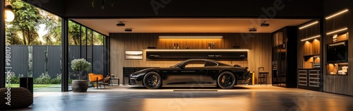 A sleek black car in a modern garage with stylish decor and natural light.