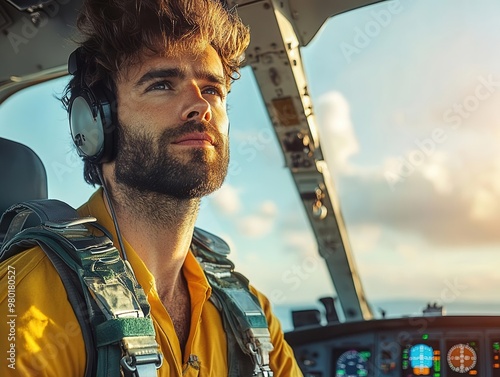 A pilot looks out the window of an airplane cockpit.